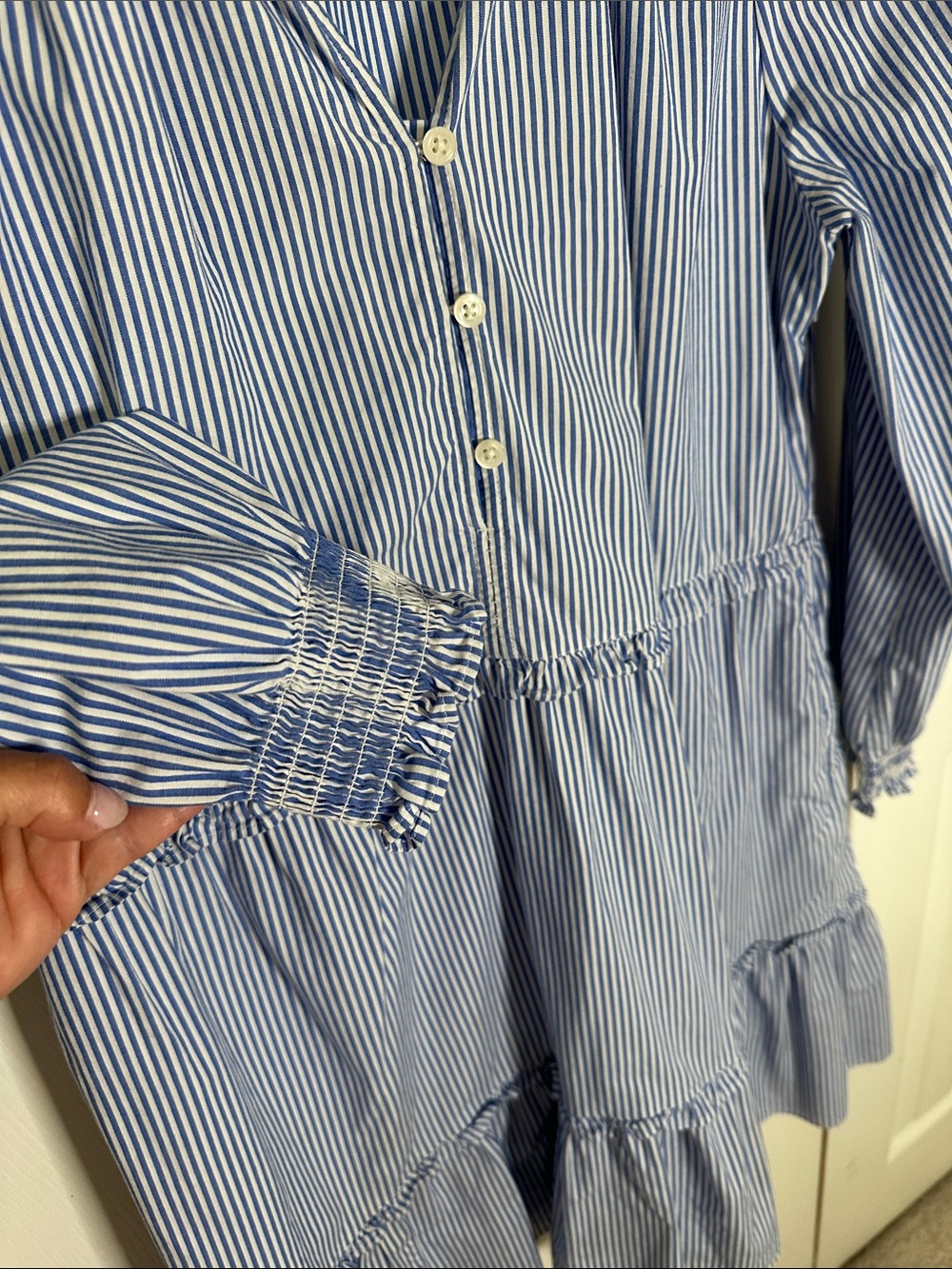 J. Crew Navy and White Striped Tiered Long-Sleeve Dress | 10 - Picture 5 of 8